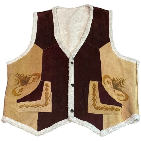 American Vintage Other - Vintage Pyrographed leather Suede Rooster Western Sherpa lined Vest size XL